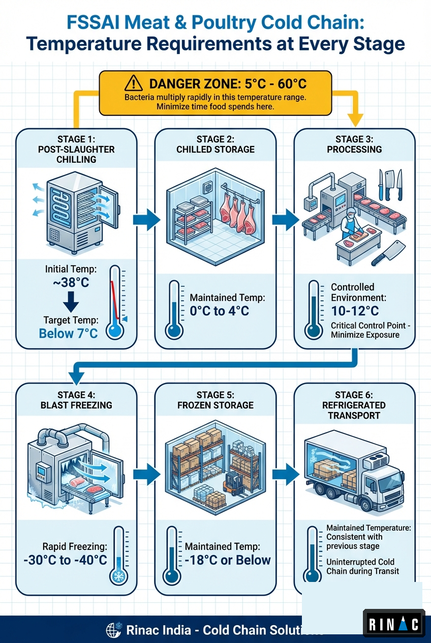 Infographic showing FSSAI-compliant meat and poultry cold chain temperature zones from slaughter to retail, including blast chilling, cold storage, processing, freezing, and refrigerated transport requirements