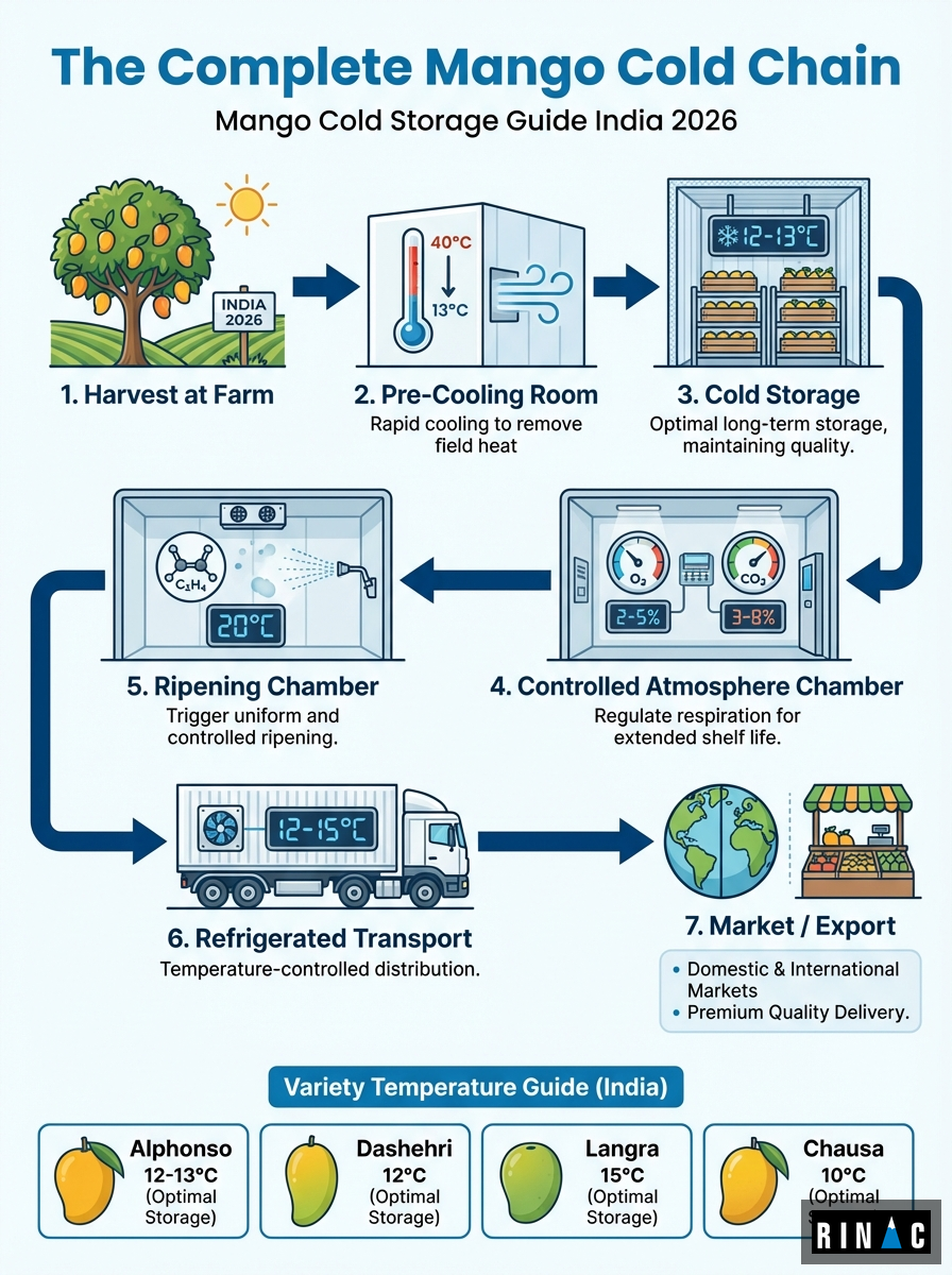Infographic showing the complete mango cold chain from harvest to market including pre-cooling, cold storage, ripening chambers, and refrigerated transport with recommended temperatures for major Indian varieties