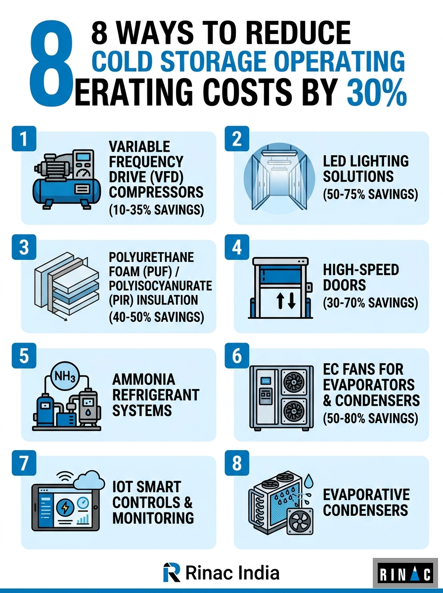 Cold storage energy efficiency strategies infographic showing 8 ways to reduce operating costs by 30%