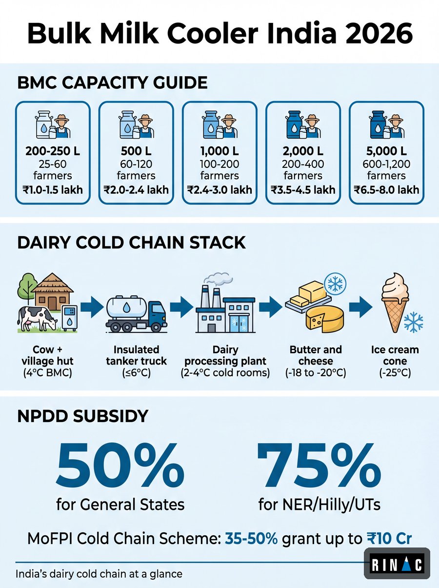 Bulk Milk Cooler India 2026: BMC capacity guide, prices, NPDD subsidy and dairy cold chain infographic by Rinac