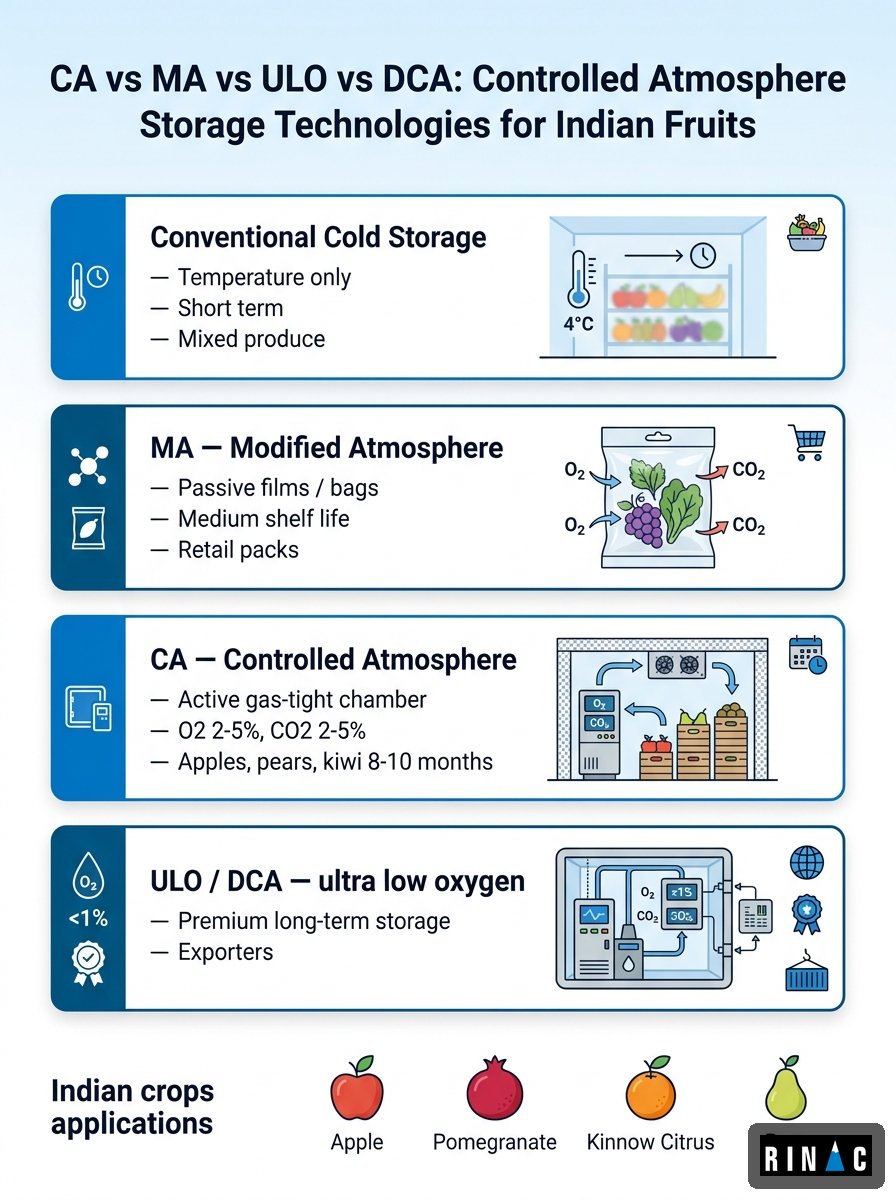 Infographic comparing CA, MA, ULO and DCA storage technologies for Indian fruit growers