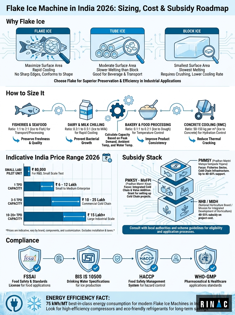 Flake ice machine sizing, capex, opex and subsidy infographic for India 2026