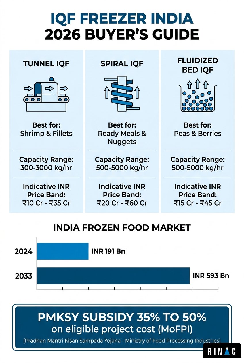 IQF freezer India 2026 buyer's guide infographic comparing tunnel, spiral and fluidized bed IQF capacity, cost and applications