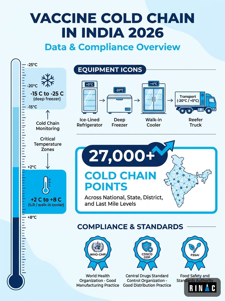 Cold chain vaccine in India 2026 infographic: temperature bands, ILR and deep freezer equipment, eVIN cold chain points, and WHO-GMP compliance