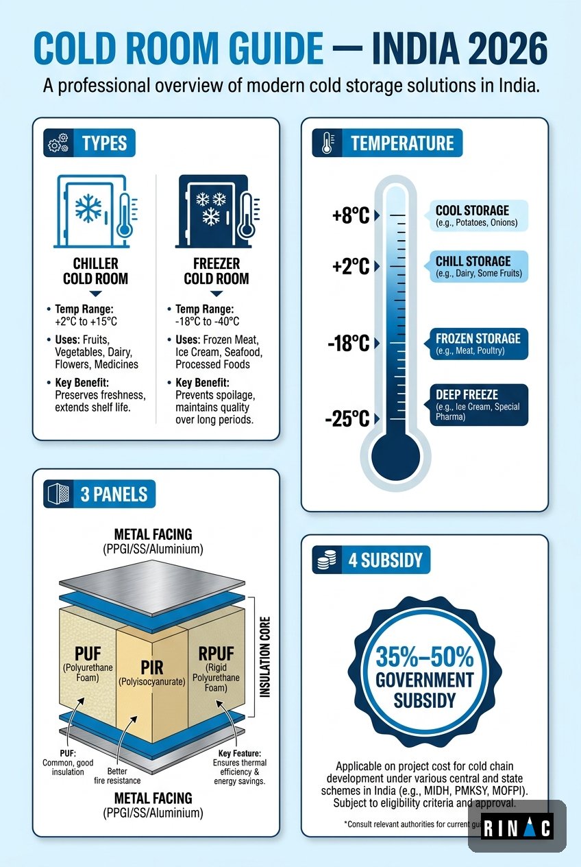 Cold room types, temperature ranges and price drivers in India 2026 infographic by Rinac