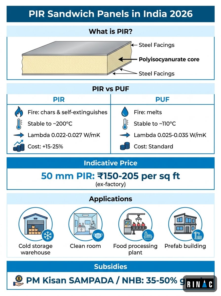 PIR sandwich panel infographic: PIR vs PUF comparison, price ranges, fire rating and applications in India 2026