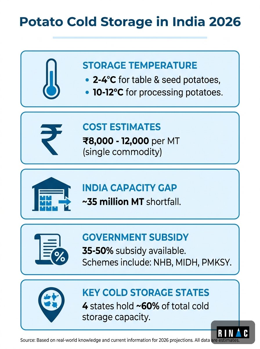 Potato cold storage in India 2026 infographic showing temperature, capacity, cost per MT and subsidy