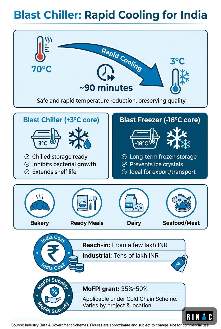 Blast chiller India 2026 infographic: temperature curve, blast chiller vs blast freezer, cost and applications