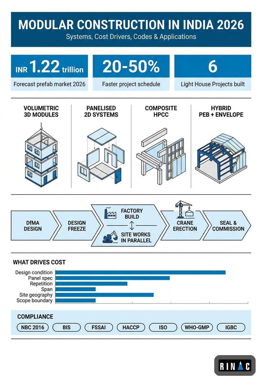 Modular construction in India 2026 infographic showing systems, cost drivers, timelines and compliance standards