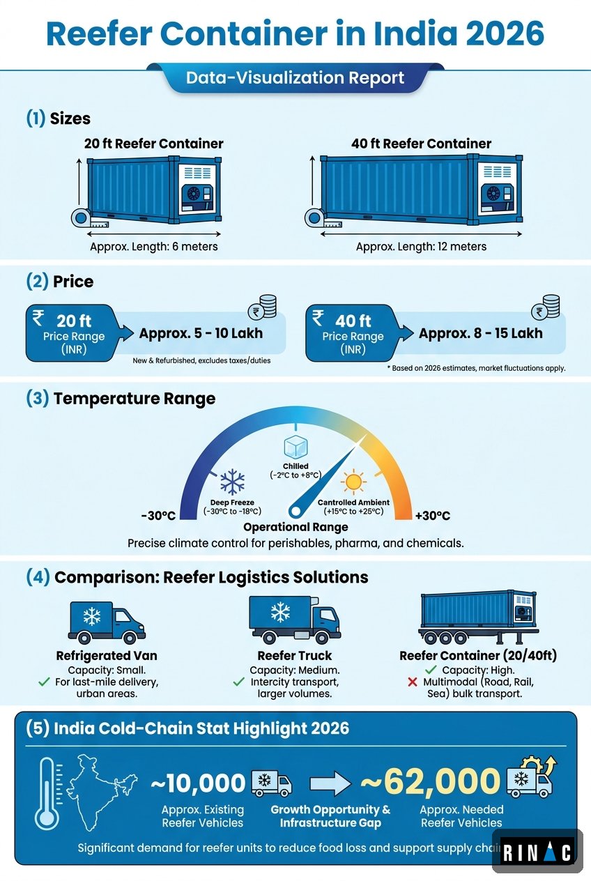 Reefer container in India 2026 infographic: sizes, price, temperature ranges, reefer truck vs van comparison and subsidy schemes
