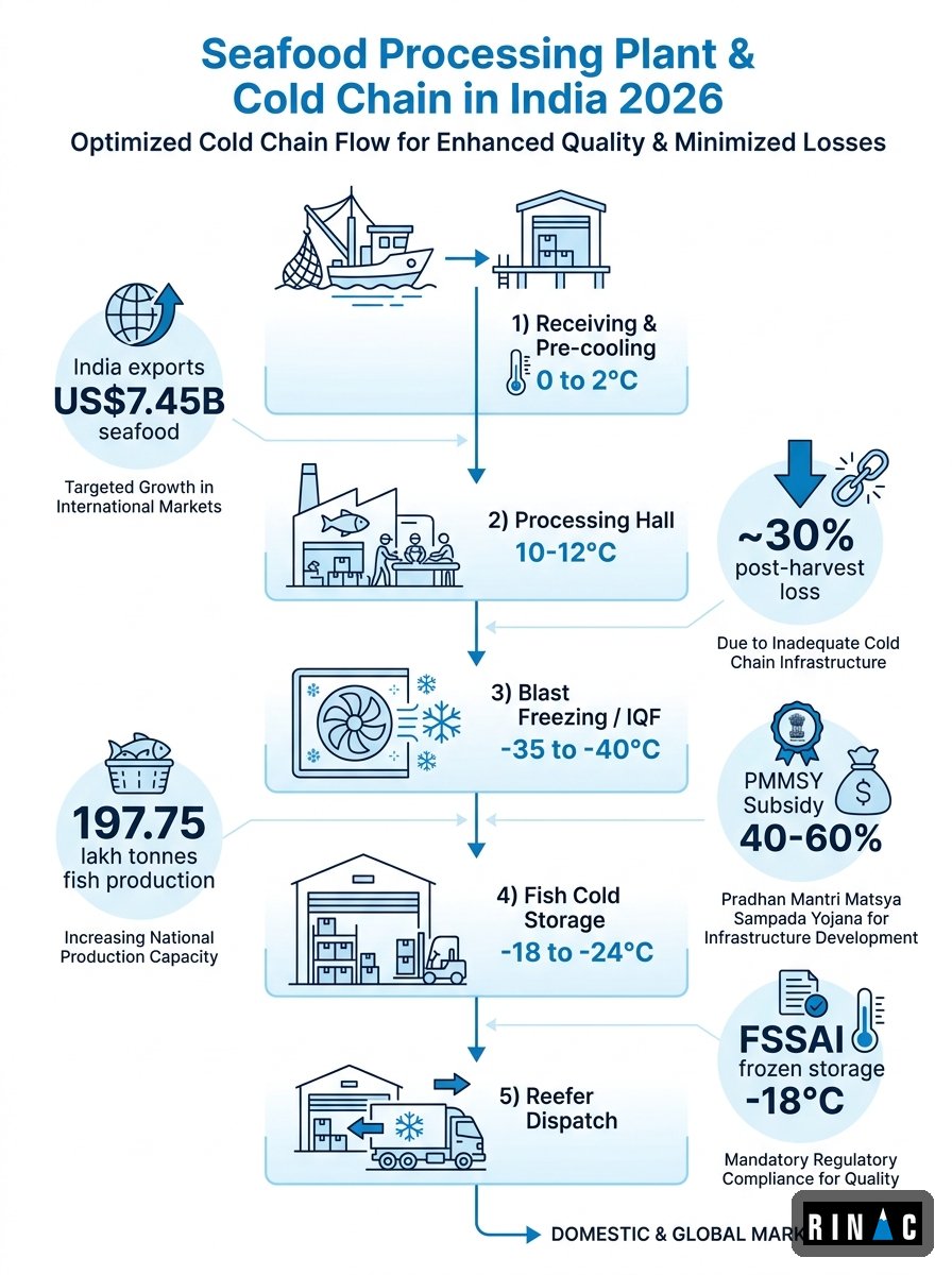 Seafood processing plant India 2026 infographic showing cold chain stages, fish cold storage temperatures, cost and PMMSY subsidy