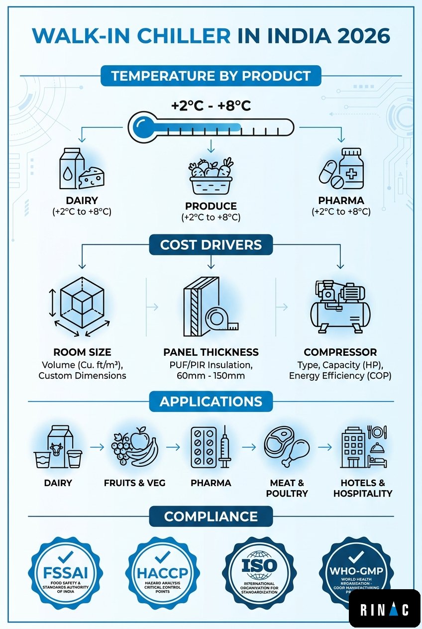 Walk in chiller India 2026 buyer's guide infographic showing temperature ranges, cost drivers, applications and FSSAI compliance