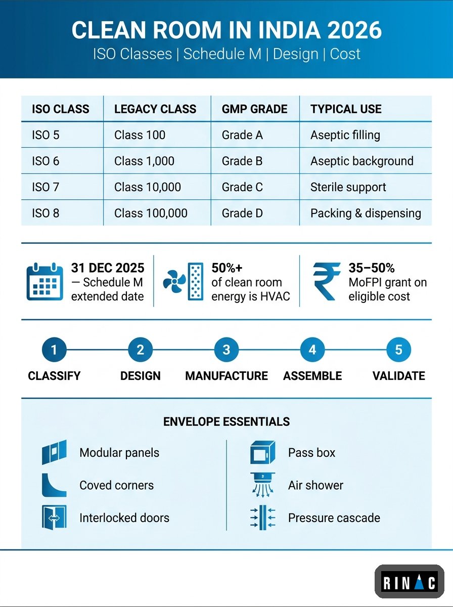 Clean room classes, Schedule M grades, design parameters and cost drivers for clean room projects in India 2026