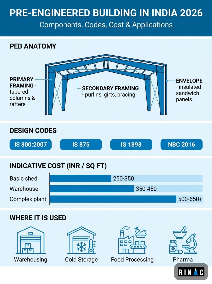 Pre engineered building in India 2026 infographic showing PEB components, IS 800 design codes, cost per sq ft bands and applications
