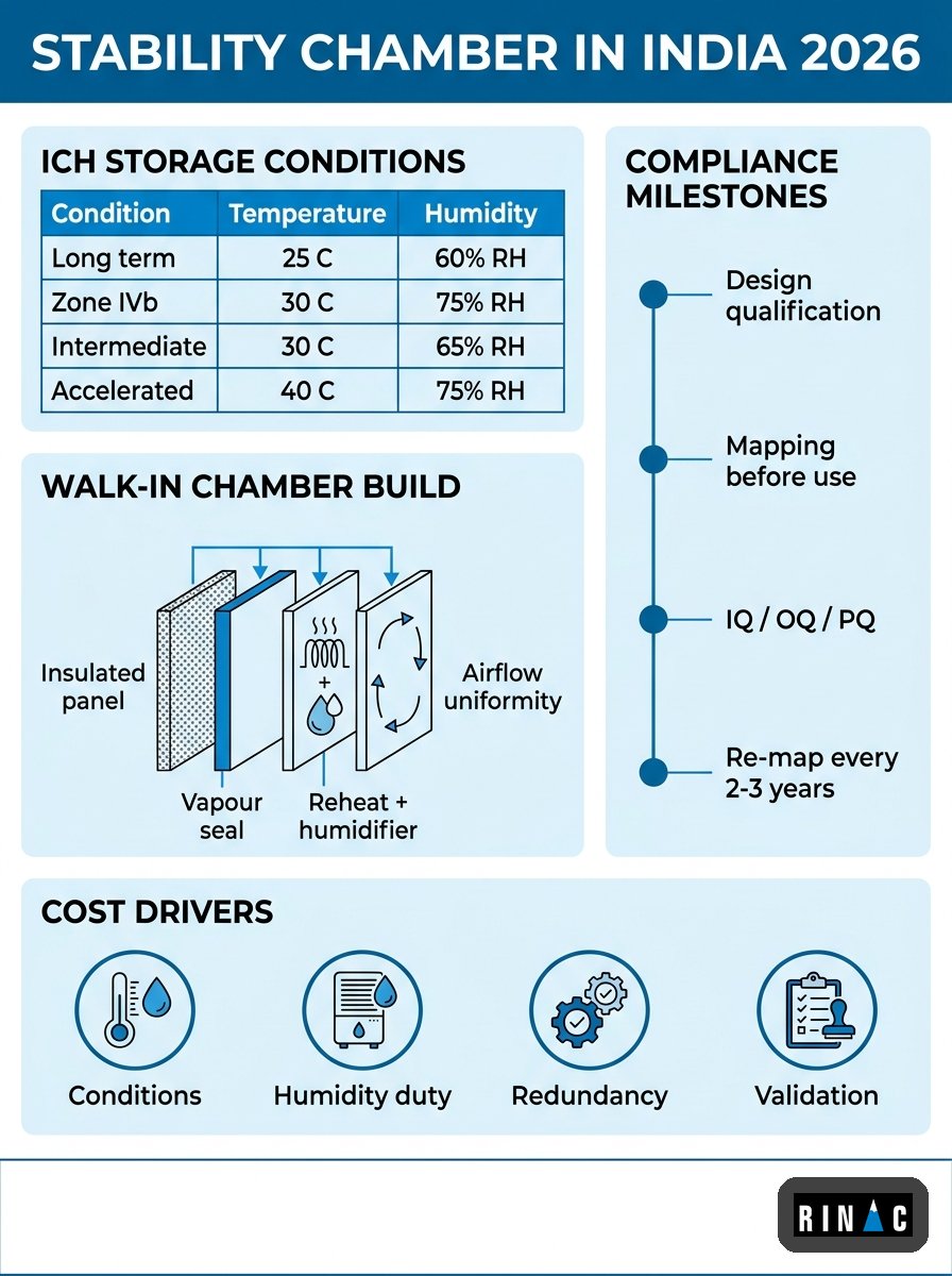 Stability chamber India 2026 infographic showing ICH storage conditions, walk-in stability chamber design layers and Schedule M compliance milestones