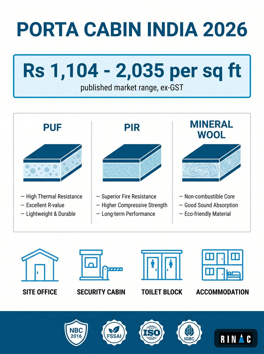 Porta cabin India 2026 guide infographic showing cost per square foot range, panel core comparison and compliance checkpoints
