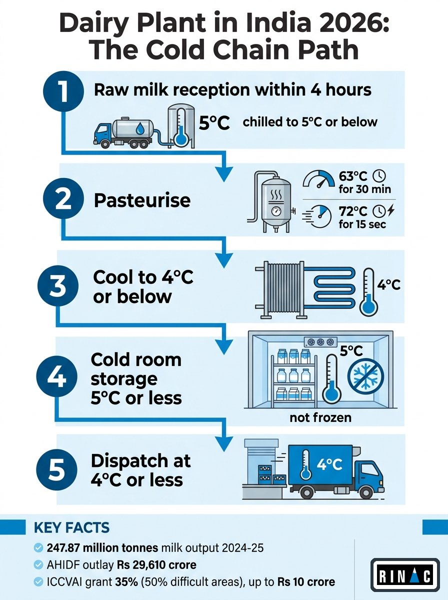Dairy plant in India 2026: cold chain stages, temperatures and funding infographic by Rinac