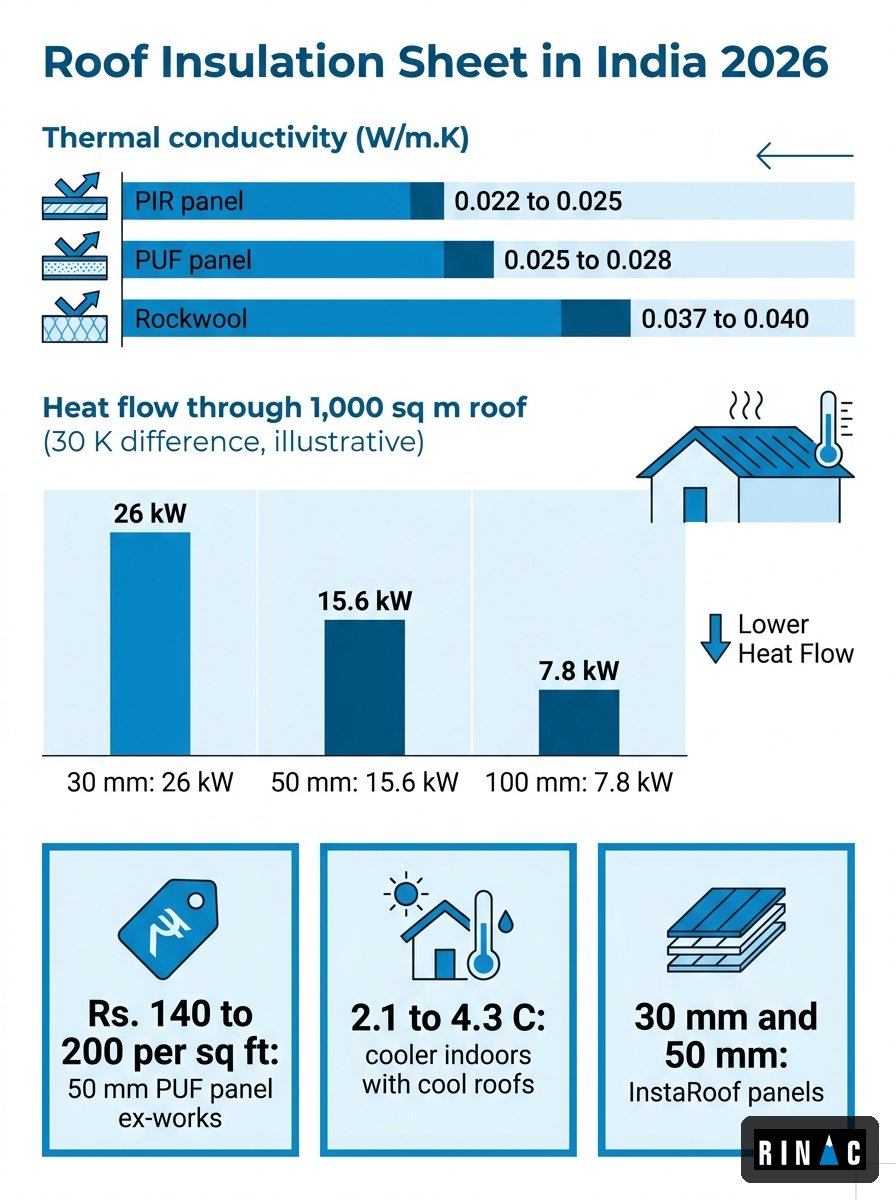 Roof insulation sheet India 2026 infographic comparing PUF, PIR, rockwool and bubble foil roof options